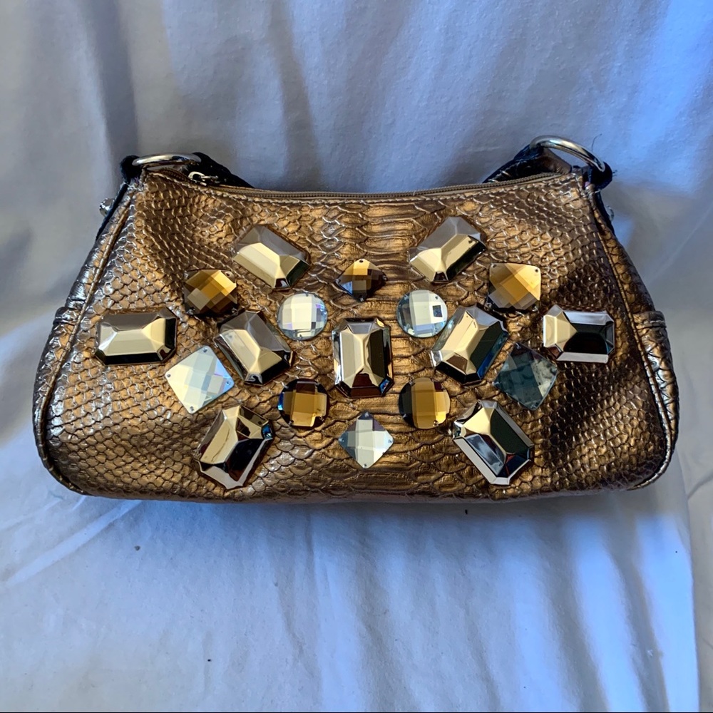 Kathy Van Zeeland Bronze Embossed Shoulder Bag Studded Gem Statement Purse Glam
